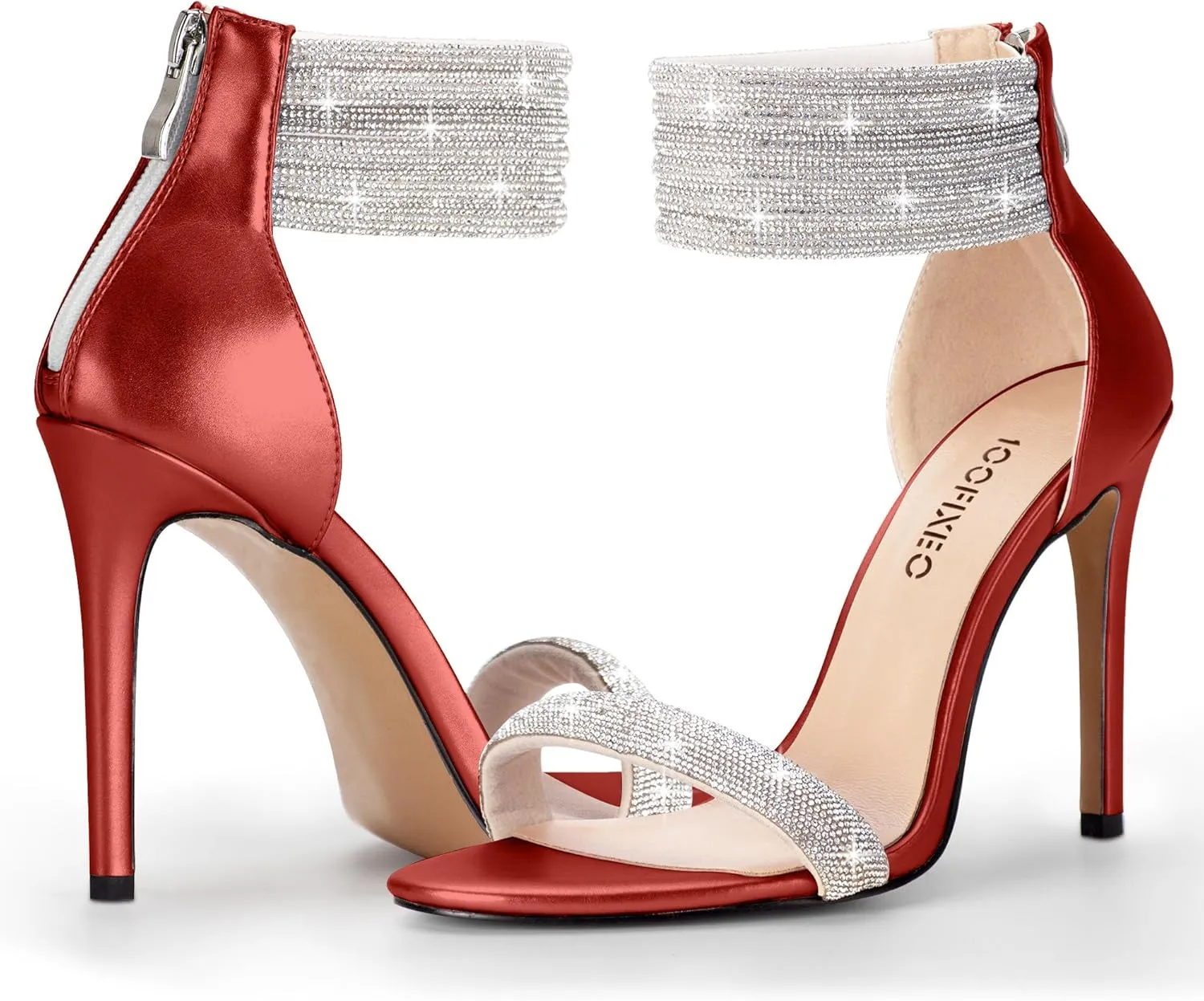 100FIXEO Sexy High Heeled Rhinestone Sandals Elegant Open Toe ankle strap Stiletto Heel Wedding Dress Shoes
