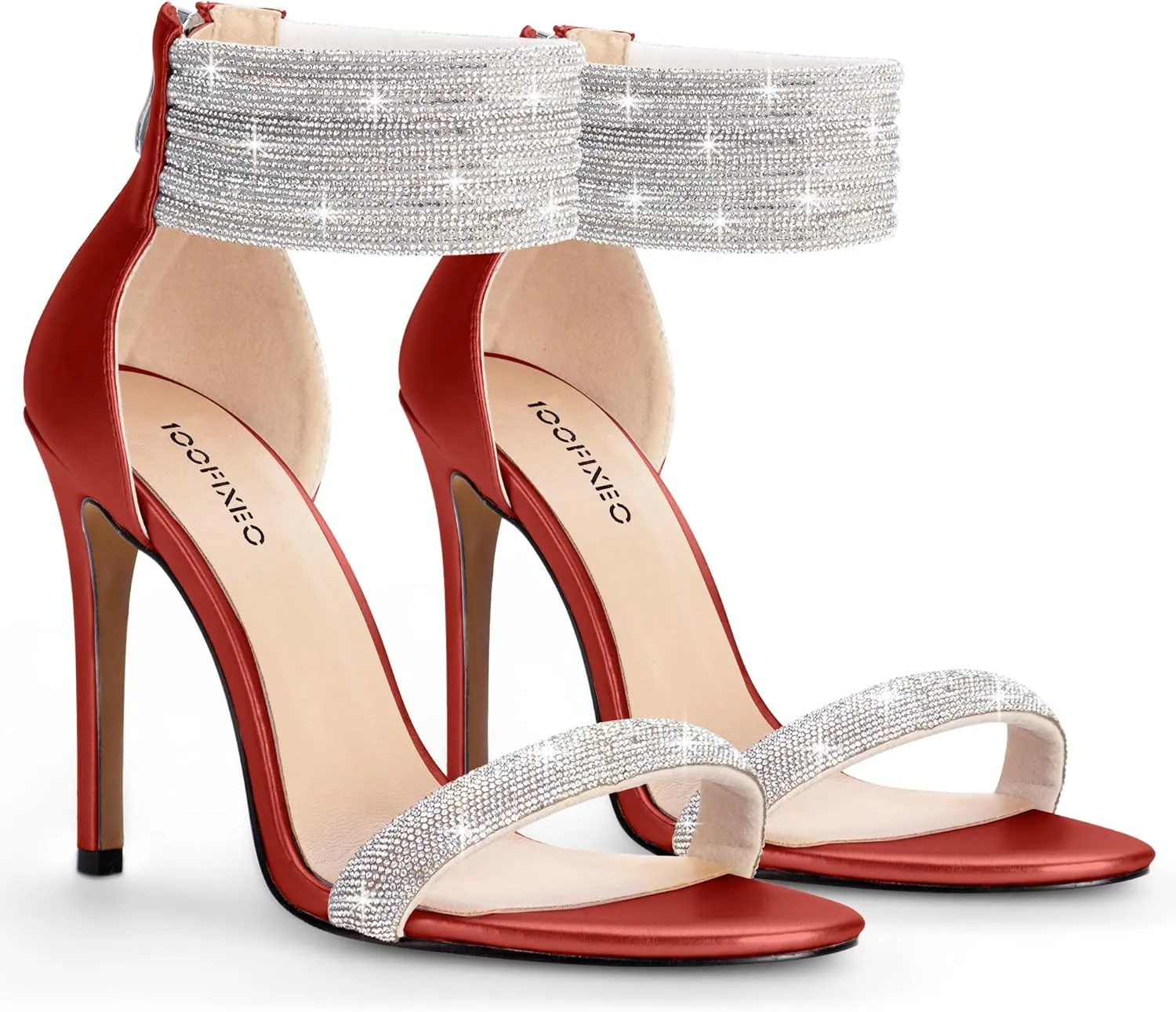100FIXEO Sexy High Heeled Rhinestone Sandals Elegant Open Toe ankle strap Stiletto Heel Wedding Dress Shoes