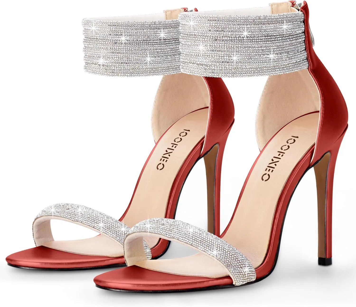 100FIXEO Sexy High Heeled Rhinestone Sandals Elegant Open Toe ankle strap Stiletto Heel Wedding Dress Shoes