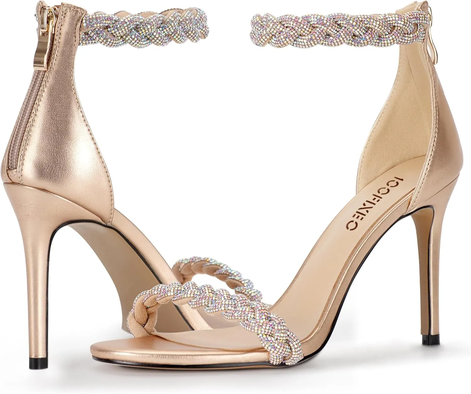 100FIXEO Women's Rhinestone Open Toe Stiletto Heeled Sandals Elegant Ankle Strap Wedding High Heels Sexy Dressy Shoes
