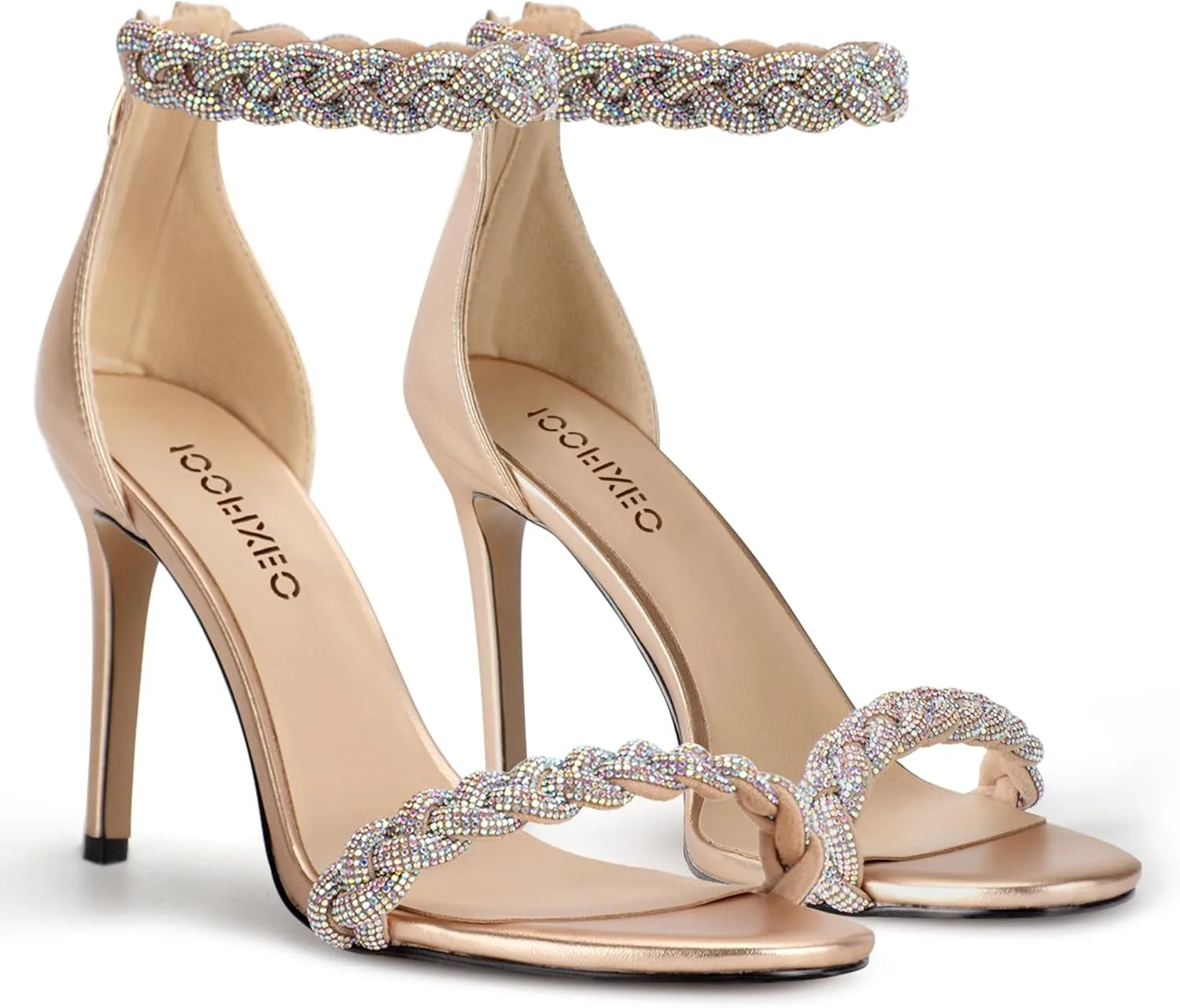 100FIXEO Women's Rhinestone Open Toe Stiletto Heeled Sandals Elegant Ankle Strap Wedding High Heels Sexy Dressy Shoes