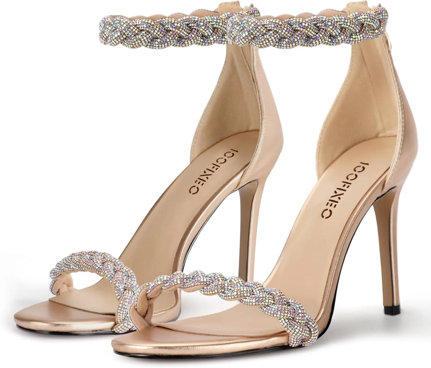 100FIXEO Women's Rhinestone Open Toe Stiletto Heeled Sandals Elegant Ankle Strap Wedding High Heels Sexy Dressy Shoes