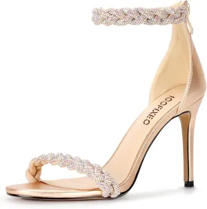 100FIXEO Women's Rhinestone Open Toe Stiletto Heeled Sandals Elegant Ankle Strap Wedding High Heels Sexy Dressy Shoes