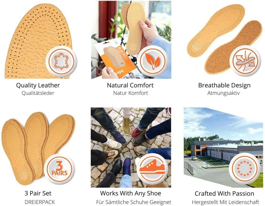 3 Pair Pack Shoe Insoles Made of Vegetable Tanned Sheepskin Leather and Natural Cork, Elegant and Comfortable, Kaps Pecari Cork Set (45 EUR / 12 US Men)