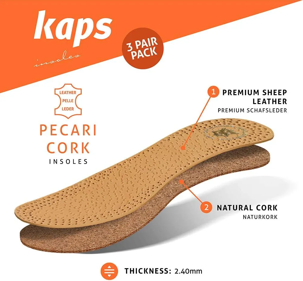 3 Pair Pack Shoe Insoles Made of Vegetable Tanned Sheepskin Leather and Natural Cork, Elegant and Comfortable, Kaps Pecari Cork Set (45 EUR / 12 US Men)