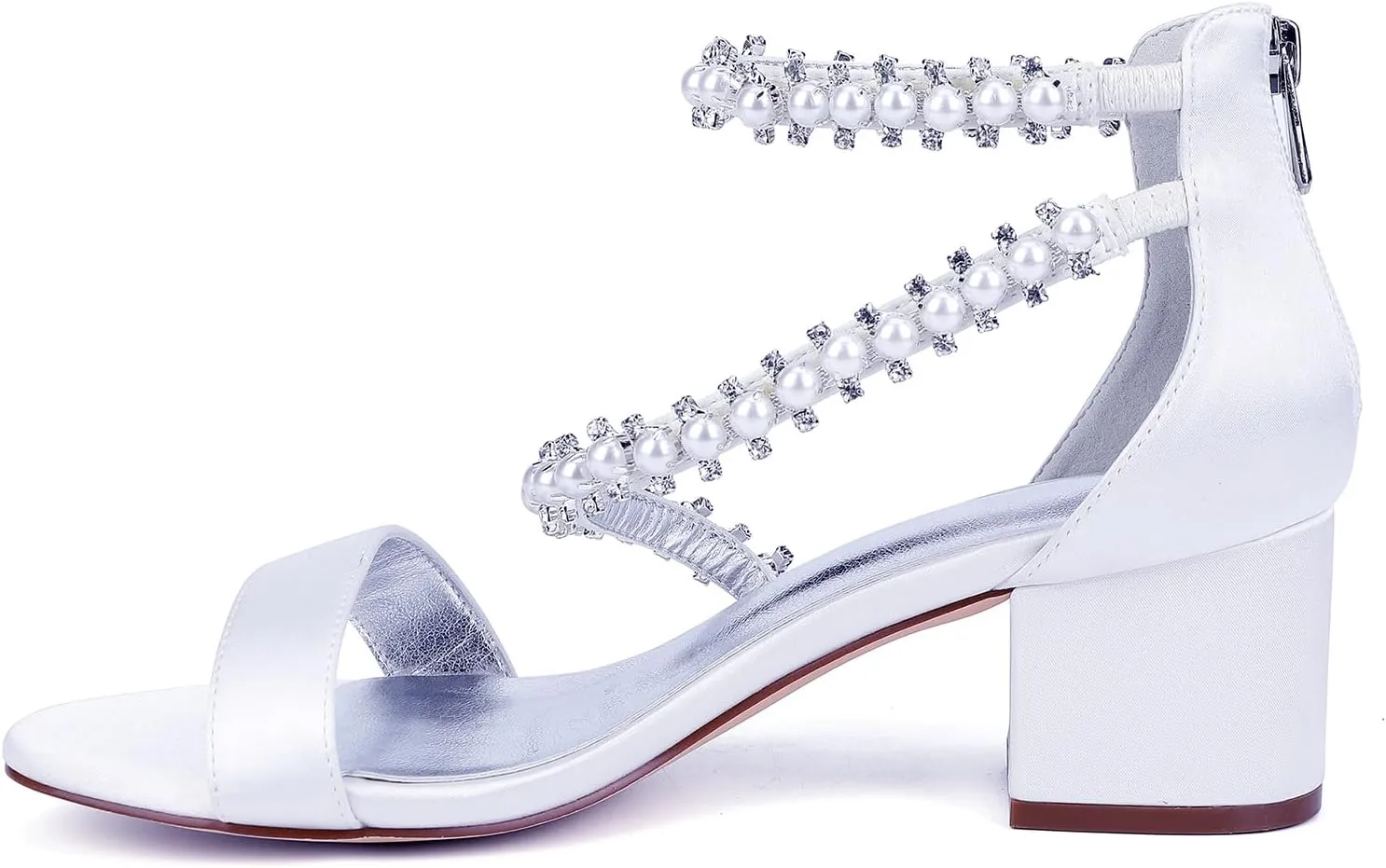 5.5CM Women's Wide Block Wedding Shoes Zipper Back Bridal Shoe Ankle Strap Adjustable Heels Dressy Satin Open Toe Sandal Comfortable S Strap