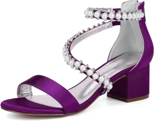 5.5CM Women's Wide Block Wedding Shoes Zipper Back Bridal Shoe Ankle Strap Adjustable Heels Dressy Satin Open Toe Sandal Comfortable S Strap