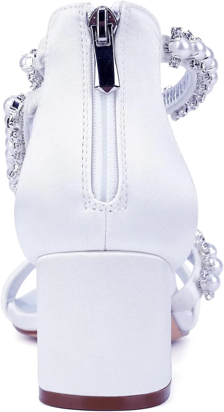 5.5CM Women's Wide Block Wedding Shoes Zipper Back Bridal Shoe Ankle Strap Adjustable Heels Dressy Satin Open Toe Sandal Comfortable S Strap