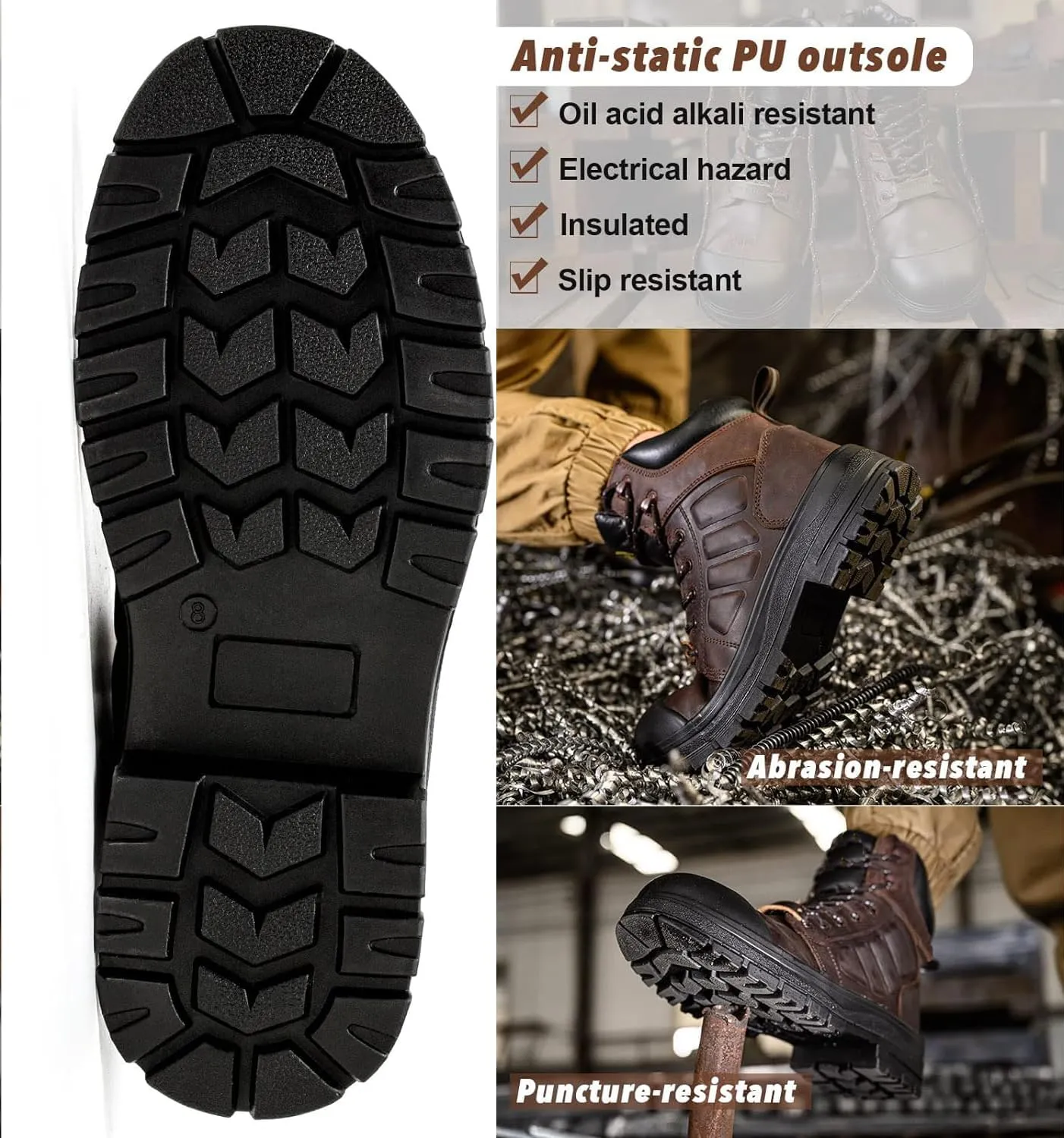 6" Steel Toe Work Boots for Men Waterproof Durable Crazy-Horse Non Slip Industrial and Construction Safety Footwear Mens Work Boots