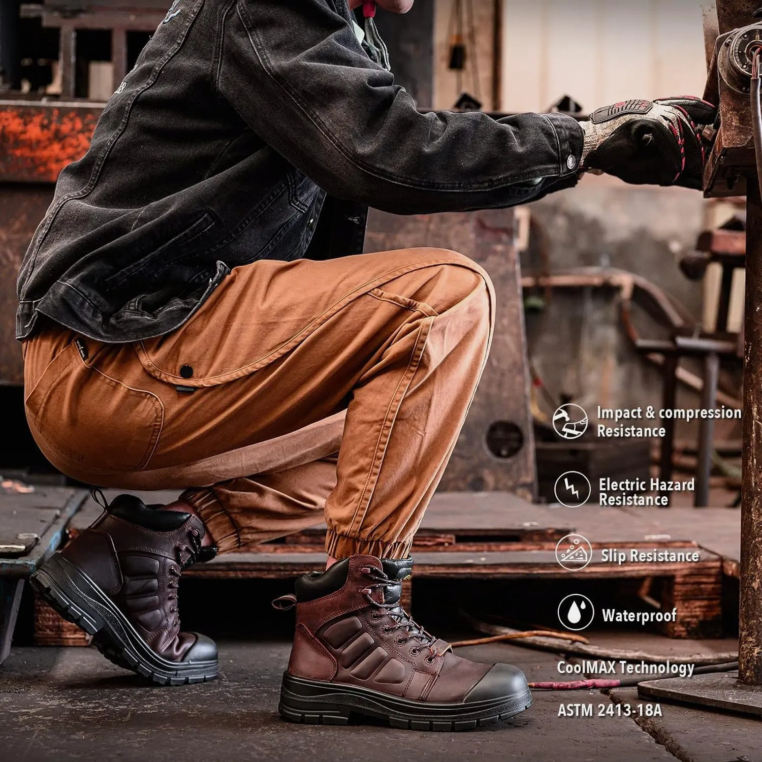 6" Steel Toe Work Boots for Men Waterproof Durable Crazy-Horse Non Slip Industrial and Construction Safety Footwear Mens Work Boots