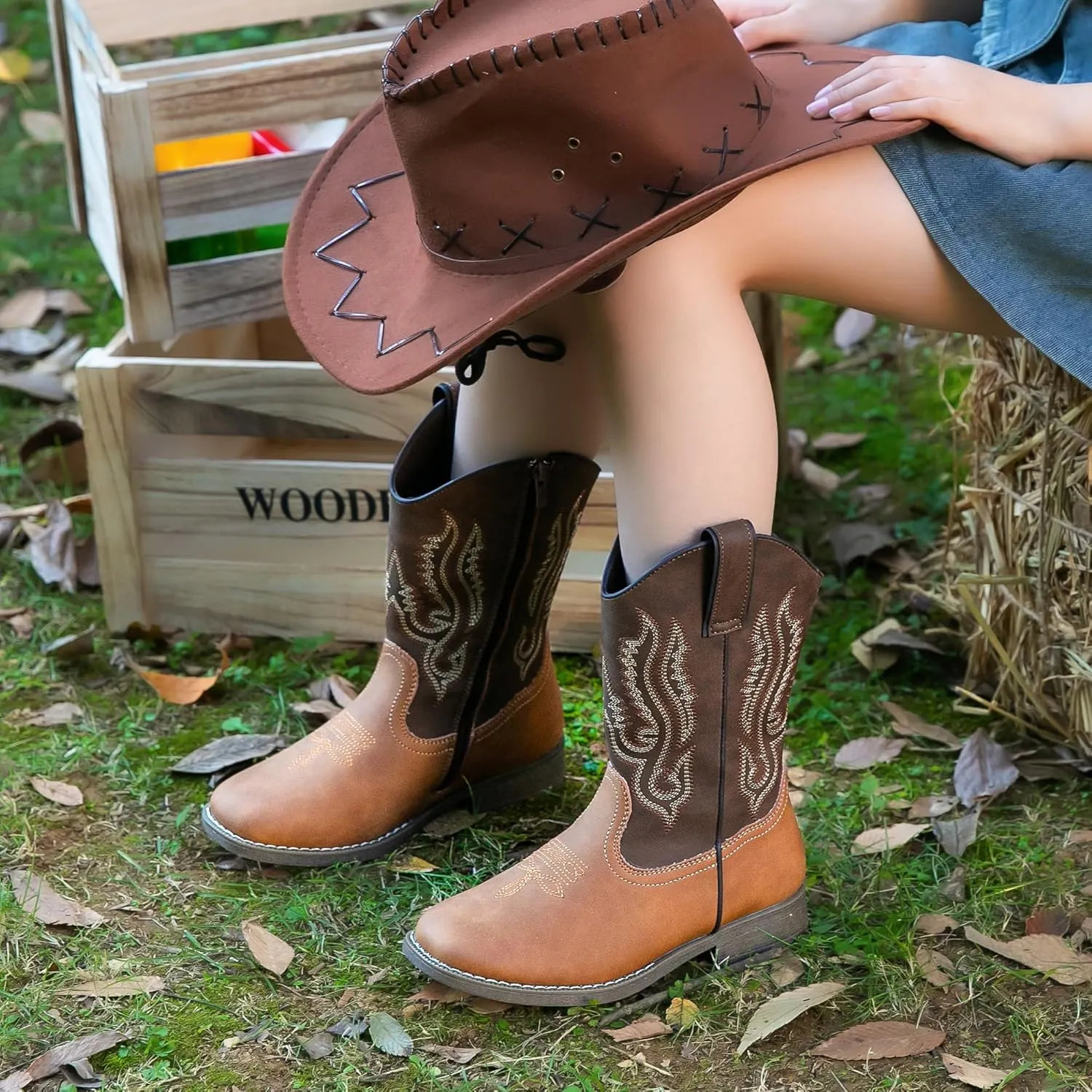 Ahannie Kids Cowboy Boots Boys Girls Square Toe Mid-Calf Cowgirl Western Boots with Side Zipper (Toddler/Little Kid/Big Kid)