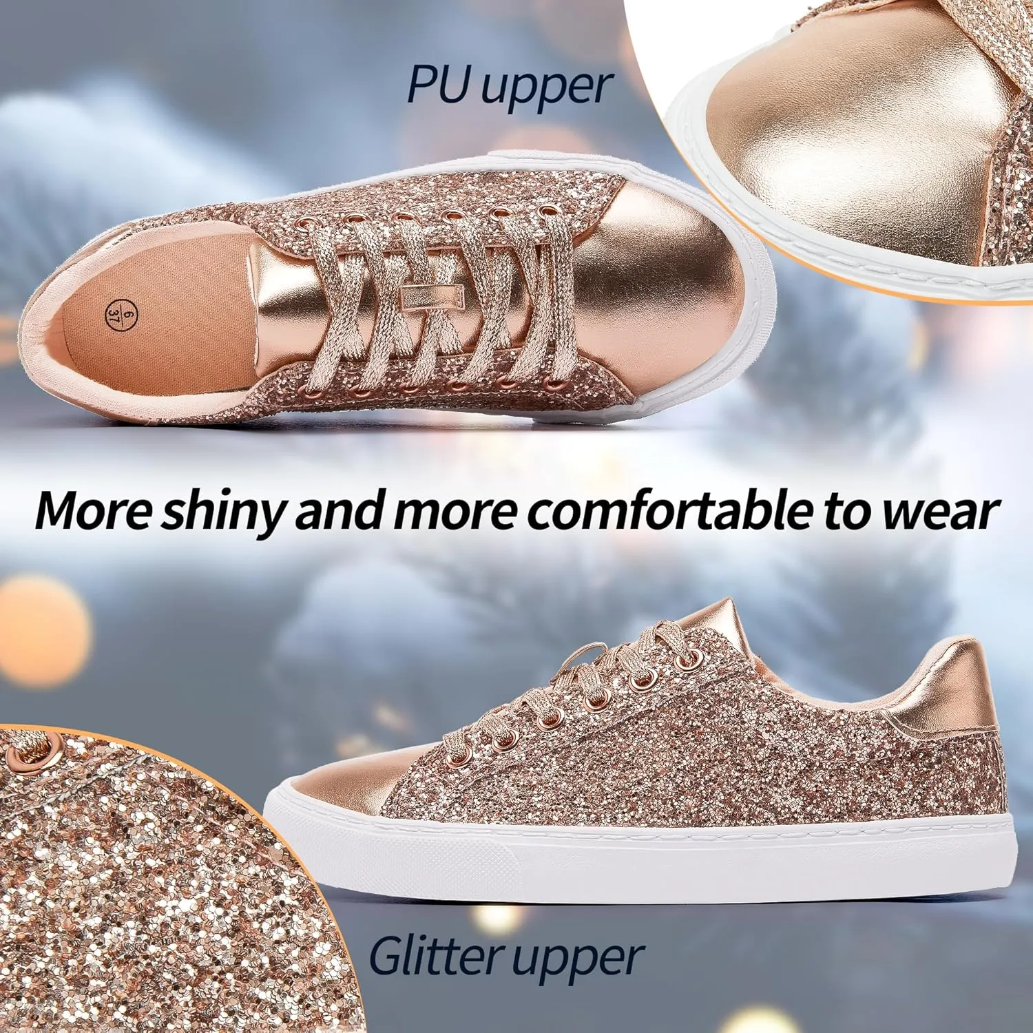 AISFAES Glitter Sneakers Sparkly Low Top Sequins Sneakers Lace Up Tennis Shoes Comfort Bling Shoes Fashion Shiny Walking Shoes