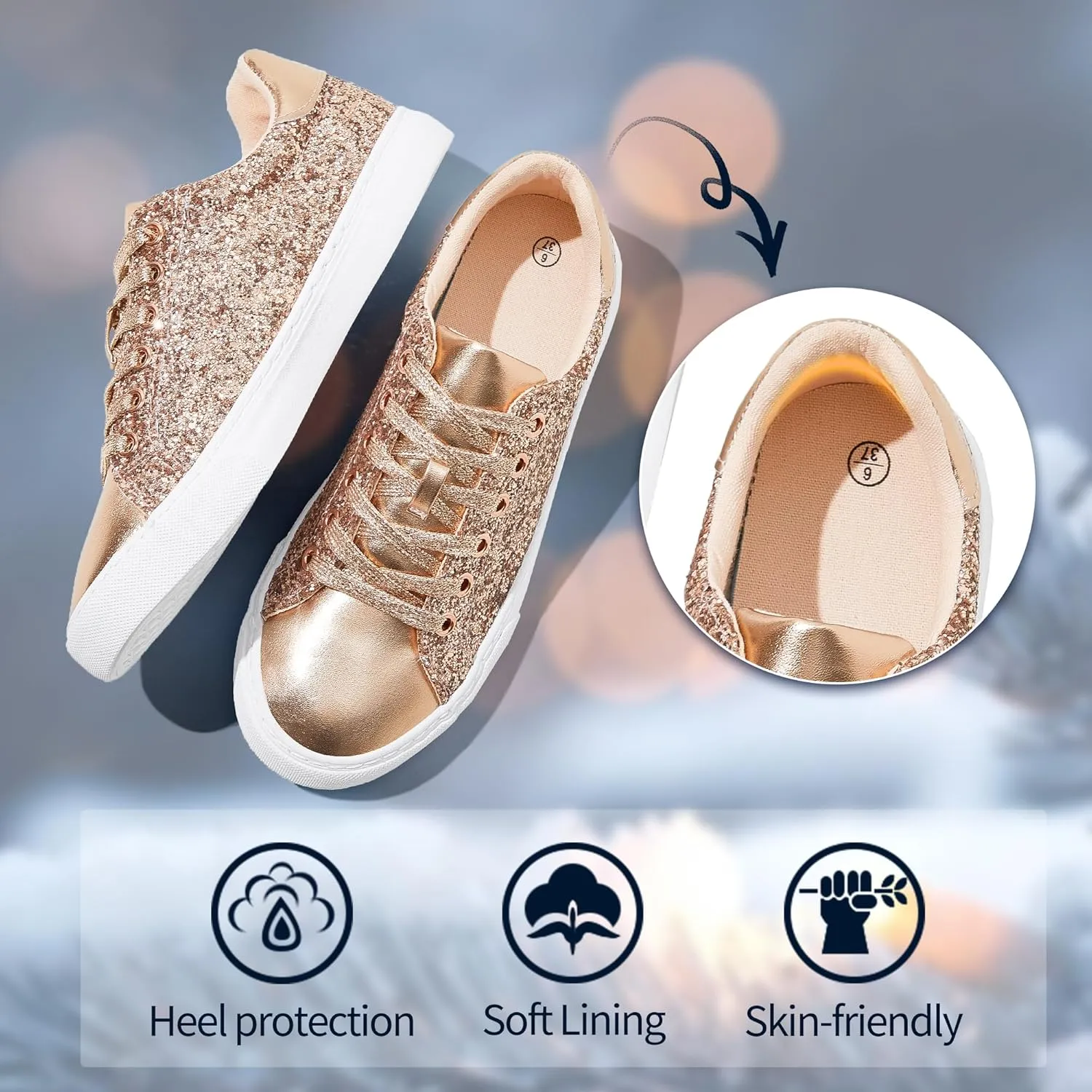 AISFAES Glitter Sneakers Sparkly Low Top Sequins Sneakers Lace Up Tennis Shoes Comfort Bling Shoes Fashion Shiny Walking Shoes