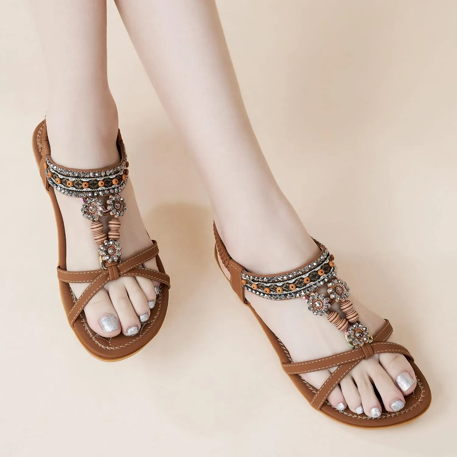 Alicegana Womens Sandals Dressy Summer: Comfortable Bohemian Flats Elastic Ankle Strap Walking Beach Shoes