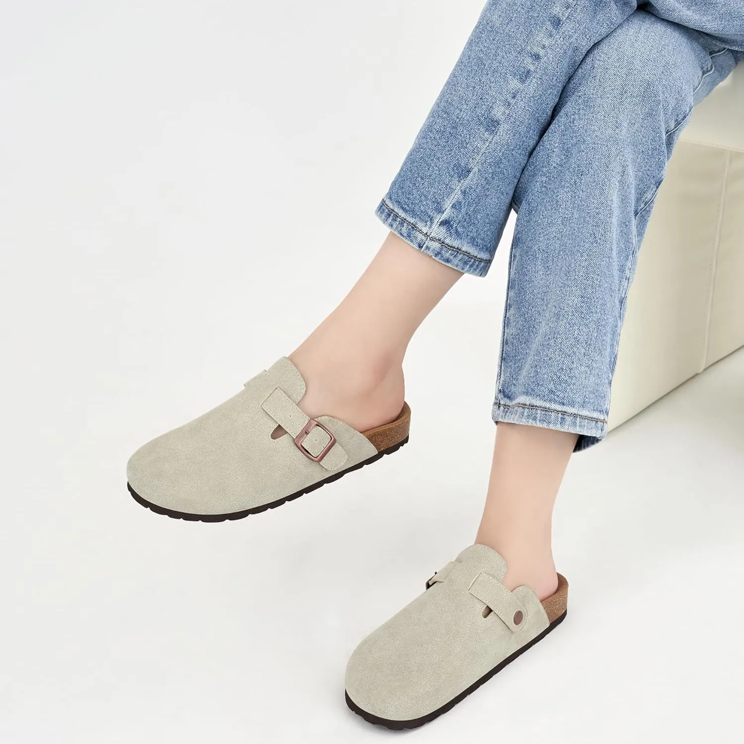 Alicegana Women's Suede Clogs Slip on Mules Cork Footbed Potato Shoes Comfort Closed Toe Sandals with Arch Support