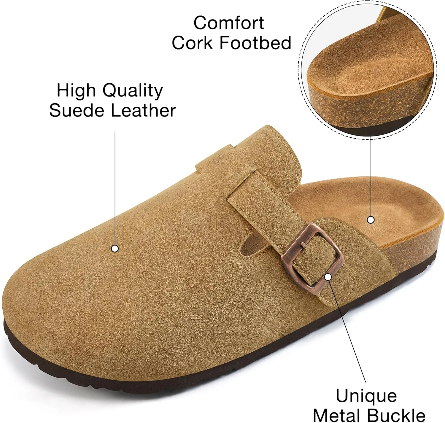 Alicegana Women's Suede Clogs Slip on Mules Cork Footbed Potato Shoes Comfort Closed Toe Sandals with Arch Support