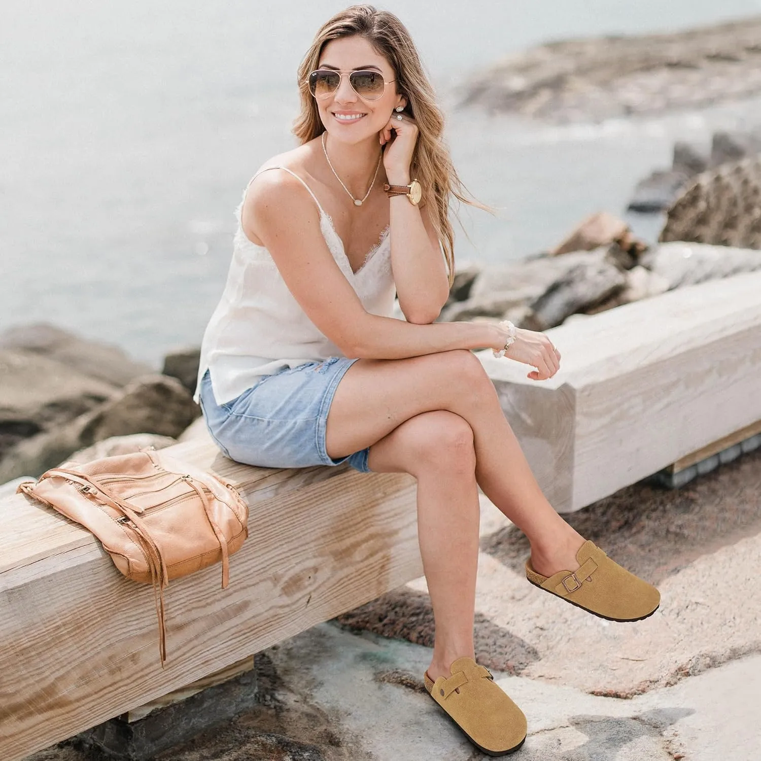 Alicegana Women's Suede Clogs Slip on Mules Cork Footbed Potato Shoes Comfort Closed Toe Sandals with Arch Support