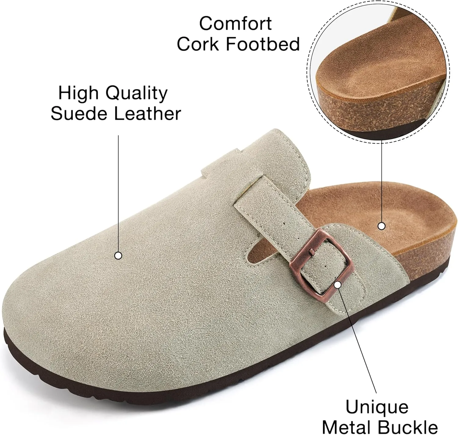 Alicegana Women's Suede Clogs Slip on Mules Cork Footbed Potato Shoes Comfort Closed Toe Sandals with Arch Support