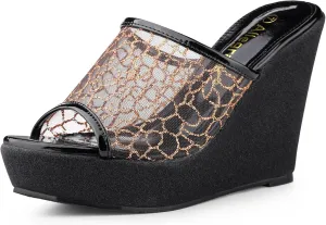 Allegra K Women's Glitter Platform Heels Slide Wedge Sandals