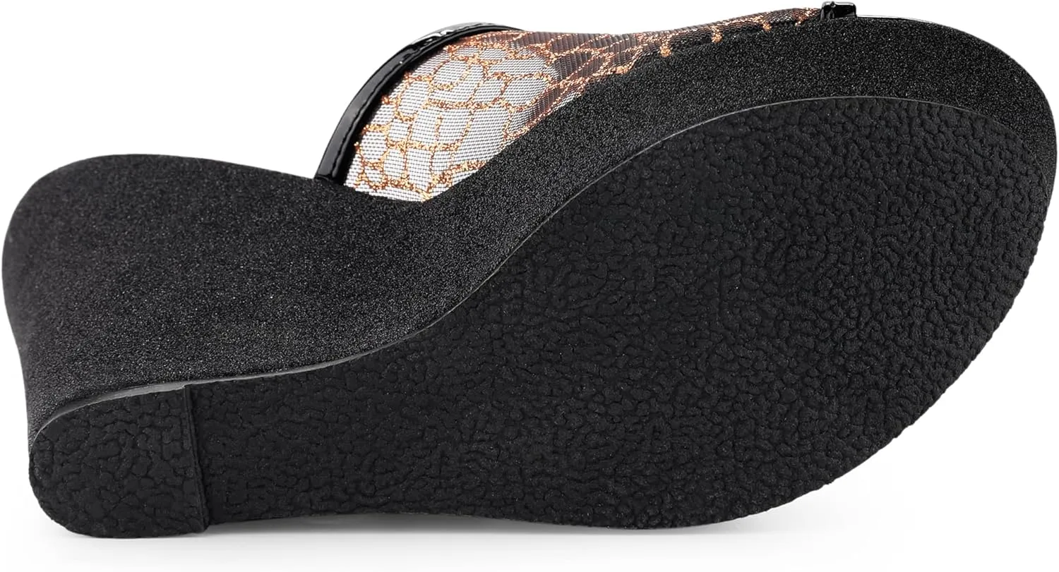 Allegra K Women's Glitter Platform Heels Slide Wedge Sandals
