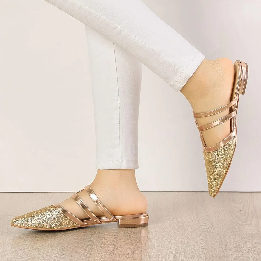 Allegra K Women's Glitter Pointed Toe Flat Mules