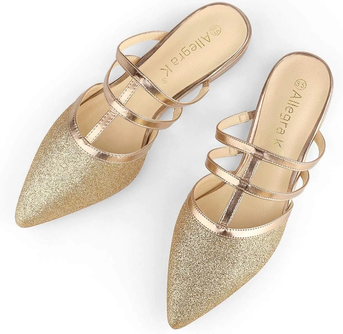 Allegra K Women's Glitter Pointed Toe Flat Mules