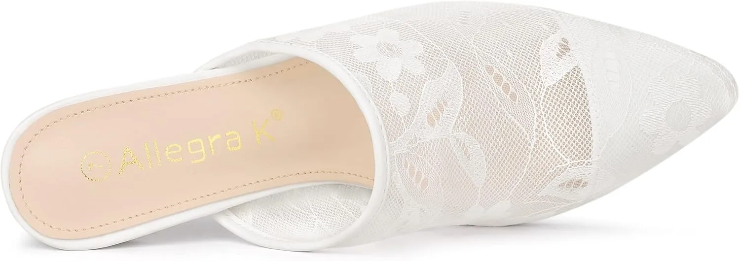 Allegra K Women's Lace Heels Sandals Mesh Floral Embroidered Stiletto Heels Slide Mules
