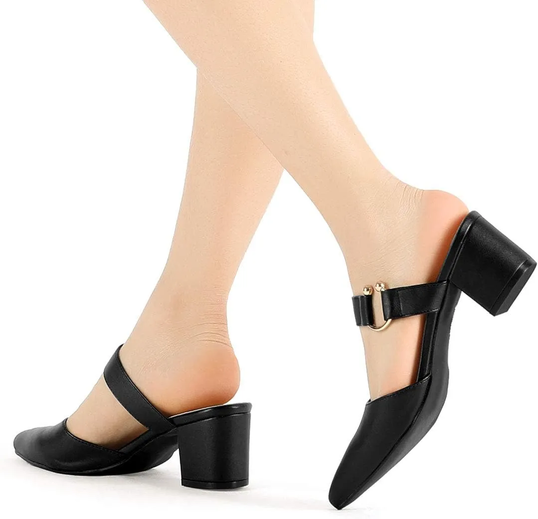 Allegra K Women's Pointed Toe Chunky Heel Dress Mules Pumps