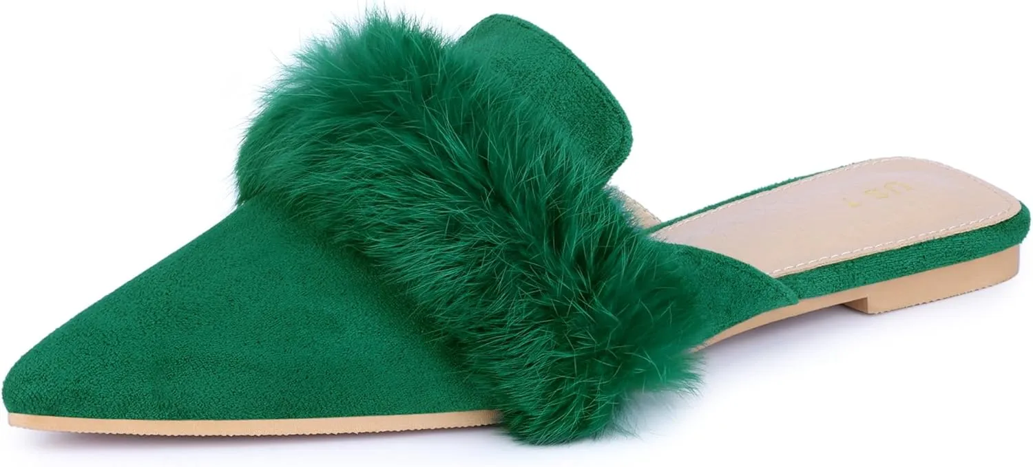 Allegra K Women's Pointed Toe Faux Fur Slip on Flat Slide Mules