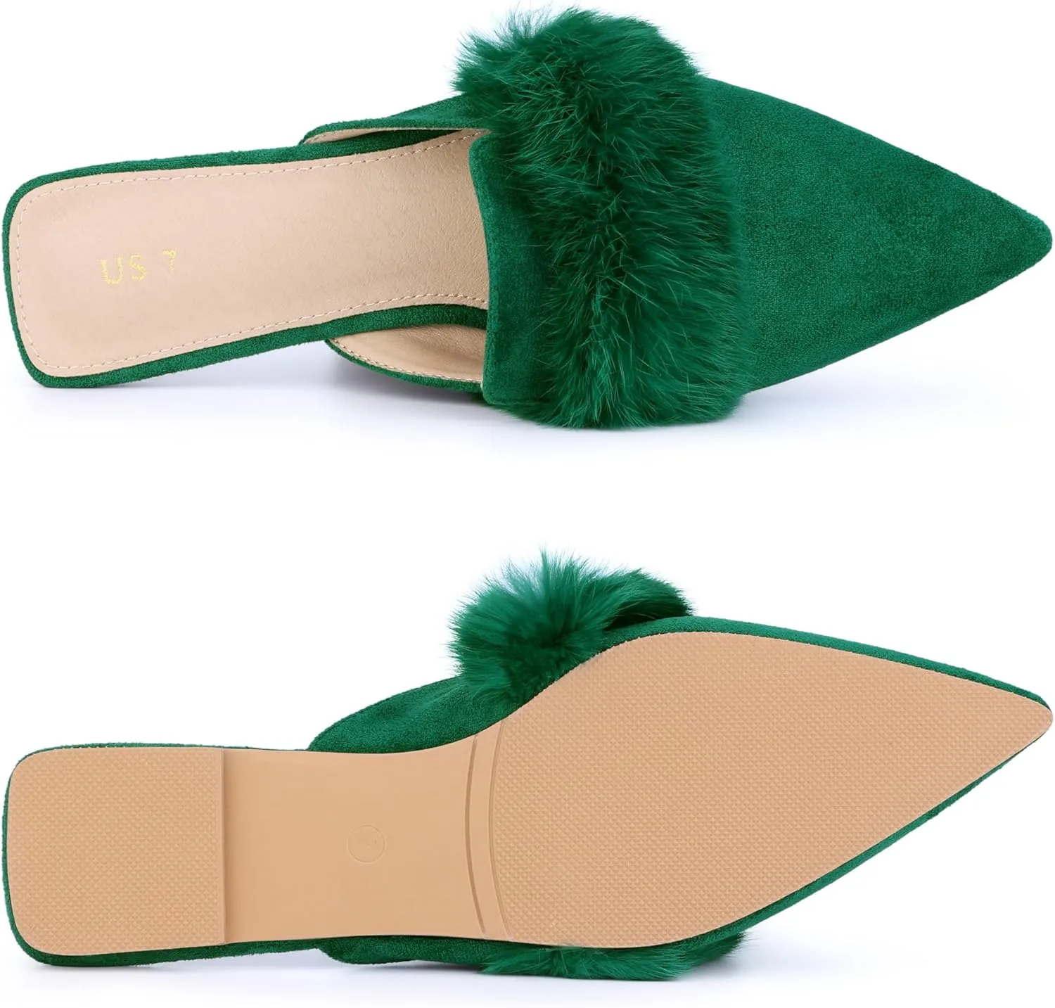 Allegra K Women's Pointed Toe Faux Fur Slip on Flat Slide Mules