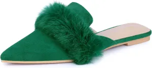 Allegra K Women's Pointed Toe Faux Fur Slip on Flat Slide Mules