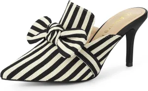 Allegra K Women's Stripe Bow Slip on Stiletto Heel Slides Mules