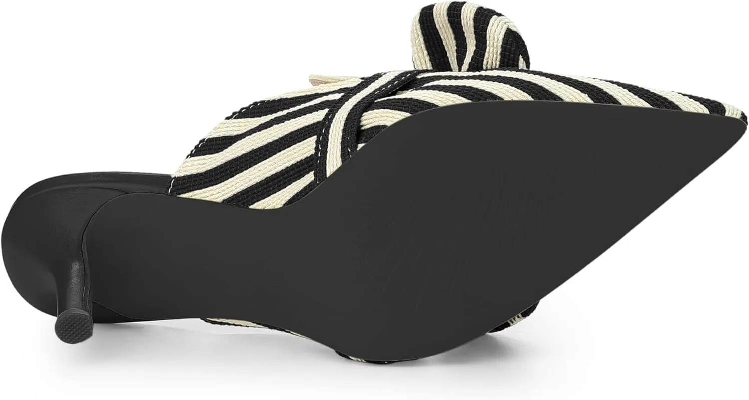 Allegra K Women's Stripe Bow Slip on Stiletto Heel Slides Mules
