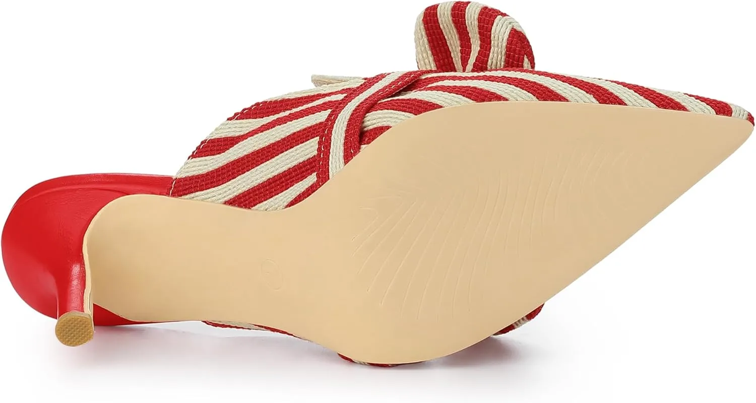 Allegra K Women's Stripe Bow Slip on Stiletto Heel Slides Mules