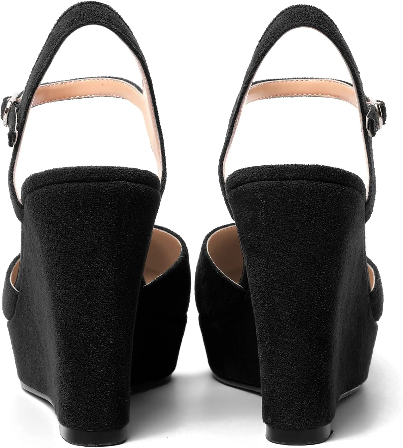 AMBELIGHT Womens Ankle Strap Sandals Night Club Round Toe Fashion Heels Suede Wedge High Heel Pumps Shoes 4 Inch