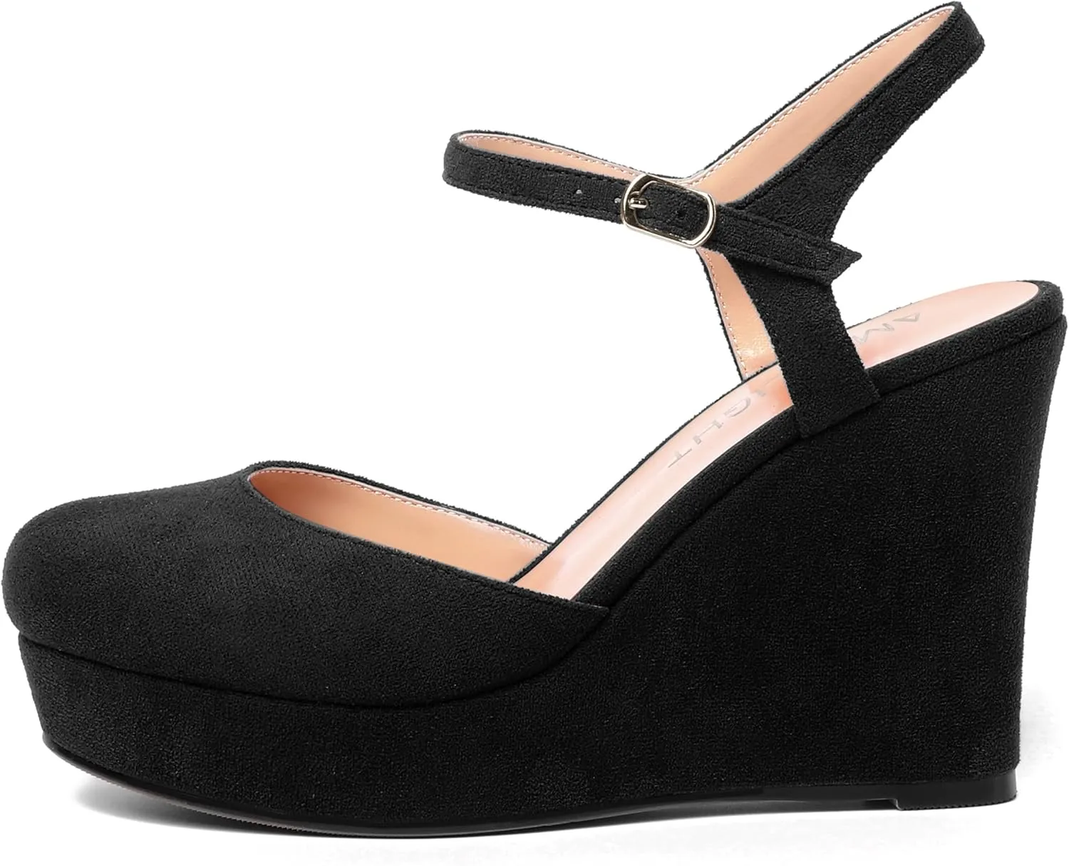 AMBELIGHT Womens Ankle Strap Sandals Night Club Round Toe Fashion Heels Suede Wedge High Heel Pumps Shoes 4 Inch