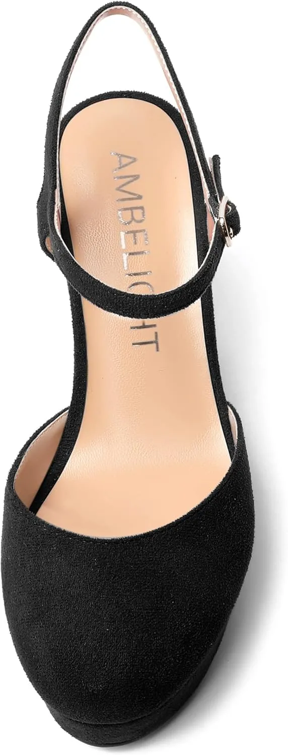 AMBELIGHT Womens Ankle Strap Sandals Night Club Round Toe Fashion Heels Suede Wedge High Heel Pumps Shoes 4 Inch