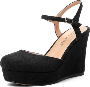 AMBELIGHT Womens Ankle Strap Sandals Night Club Round Toe Fashion Heels Suede Wedge High Heel Pumps Shoes 4 Inch