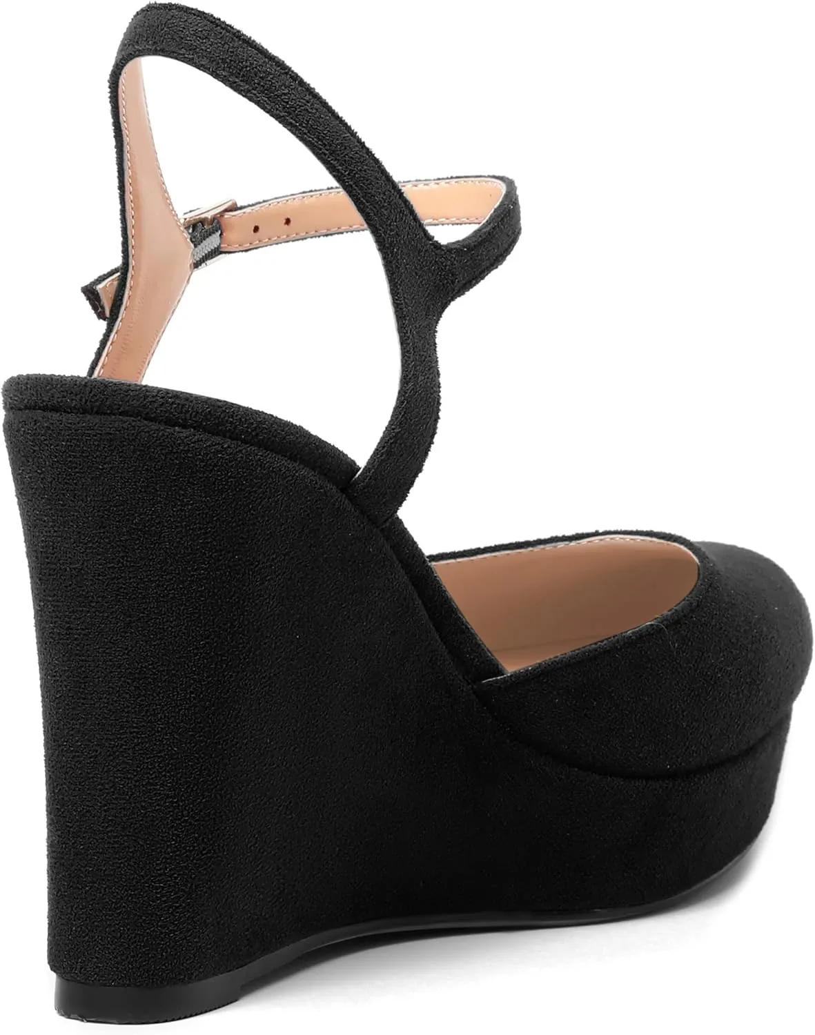 AMBELIGHT Womens Ankle Strap Sandals Night Club Round Toe Fashion Heels Suede Wedge High Heel Pumps Shoes 4 Inch