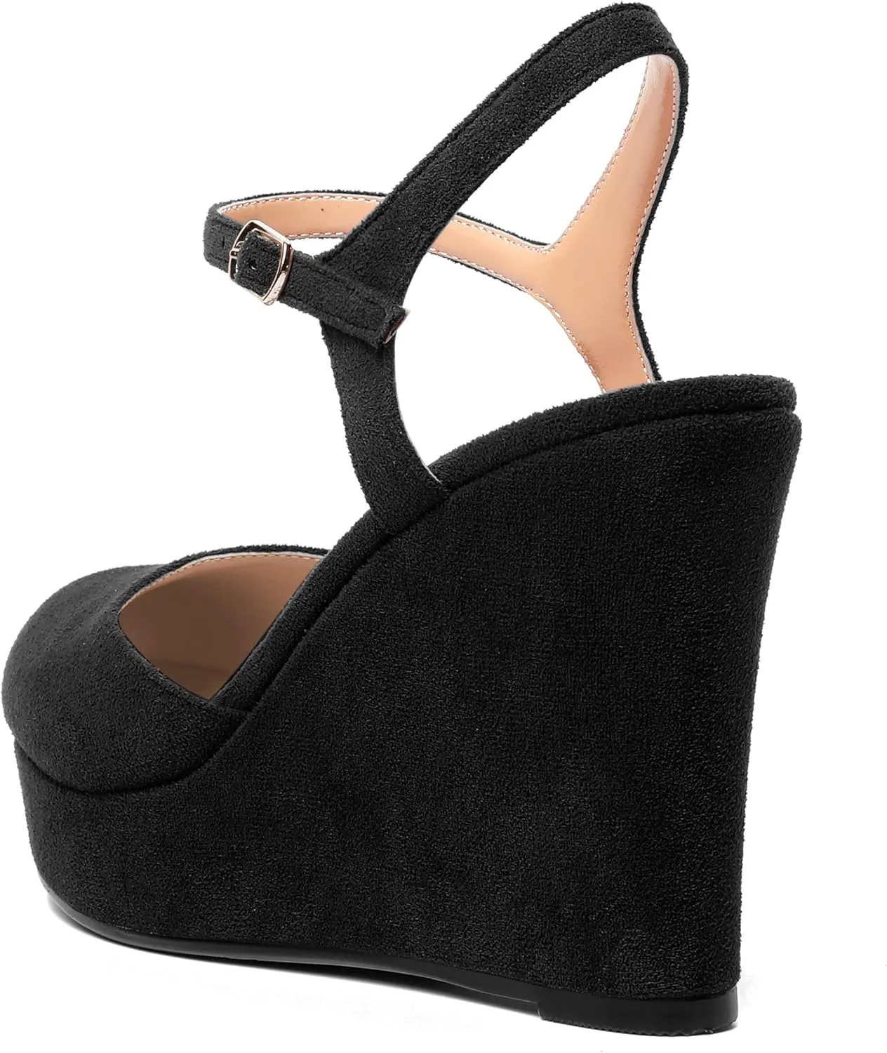 AMBELIGHT Womens Ankle Strap Sandals Night Club Round Toe Fashion Heels Suede Wedge High Heel Pumps Shoes 4 Inch