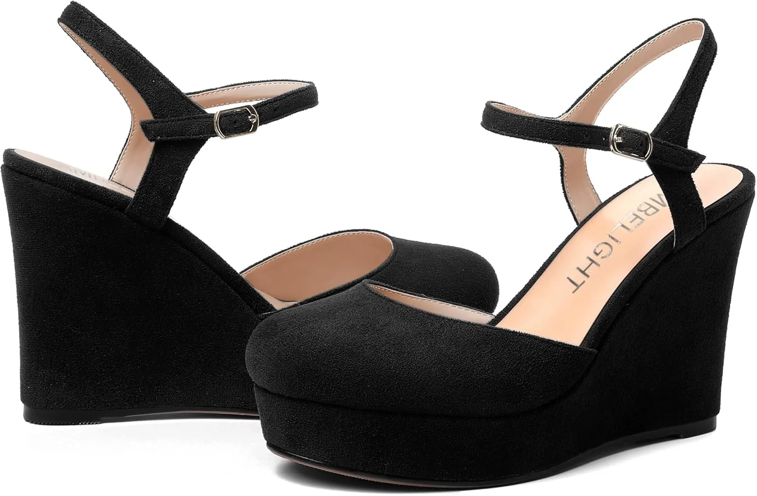 AMBELIGHT Womens Ankle Strap Sandals Night Club Round Toe Fashion Heels Suede Wedge High Heel Pumps Shoes 4 Inch