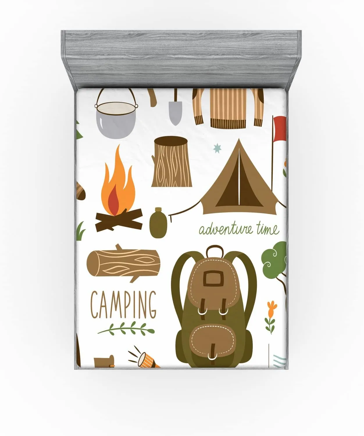 Ambesonne Adventure Fitted Sheet Set, Camping Equipment Sleeping Bag Boots Campfire Shovel Hatchet Log Art Print, Decorative Bedding All-Round Elastic Pocket 2 Pcs, Full Size, Taupe Brown