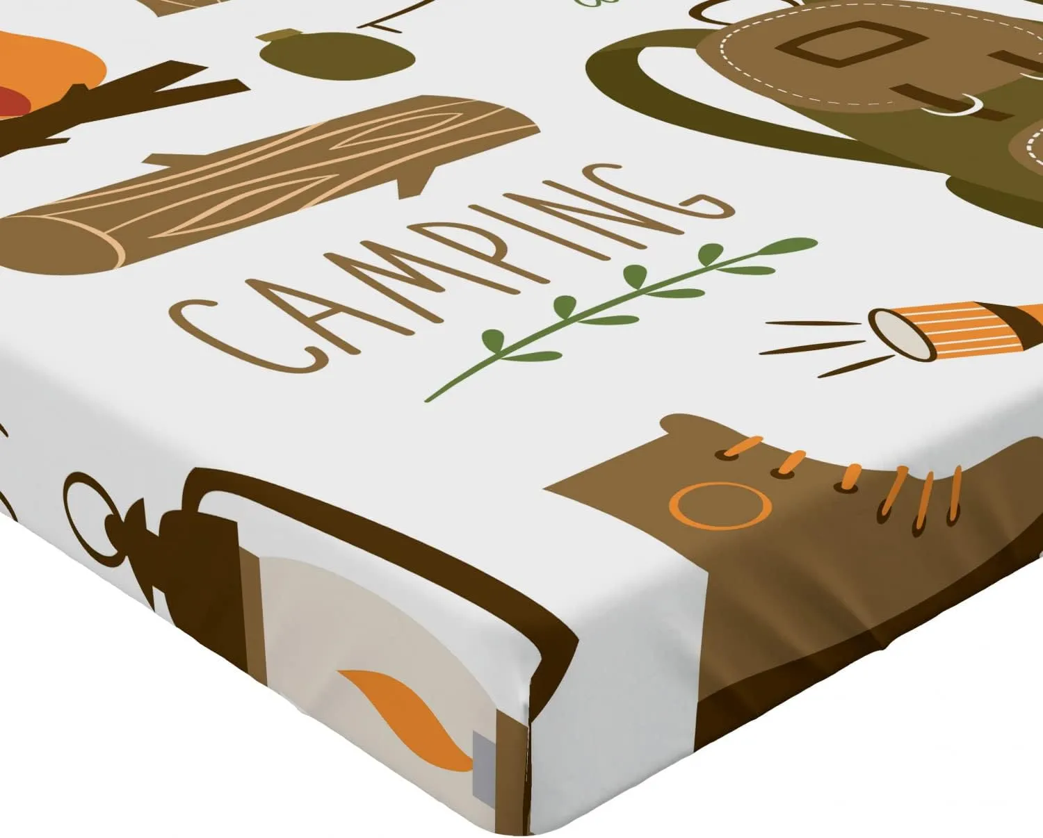 Ambesonne Adventure Fitted Sheet Set, Camping Equipment Sleeping Bag Boots Campfire Shovel Hatchet Log Art Print, Decorative Bedding All-Round Elastic Pocket 2 Pcs, Full Size, Taupe Brown