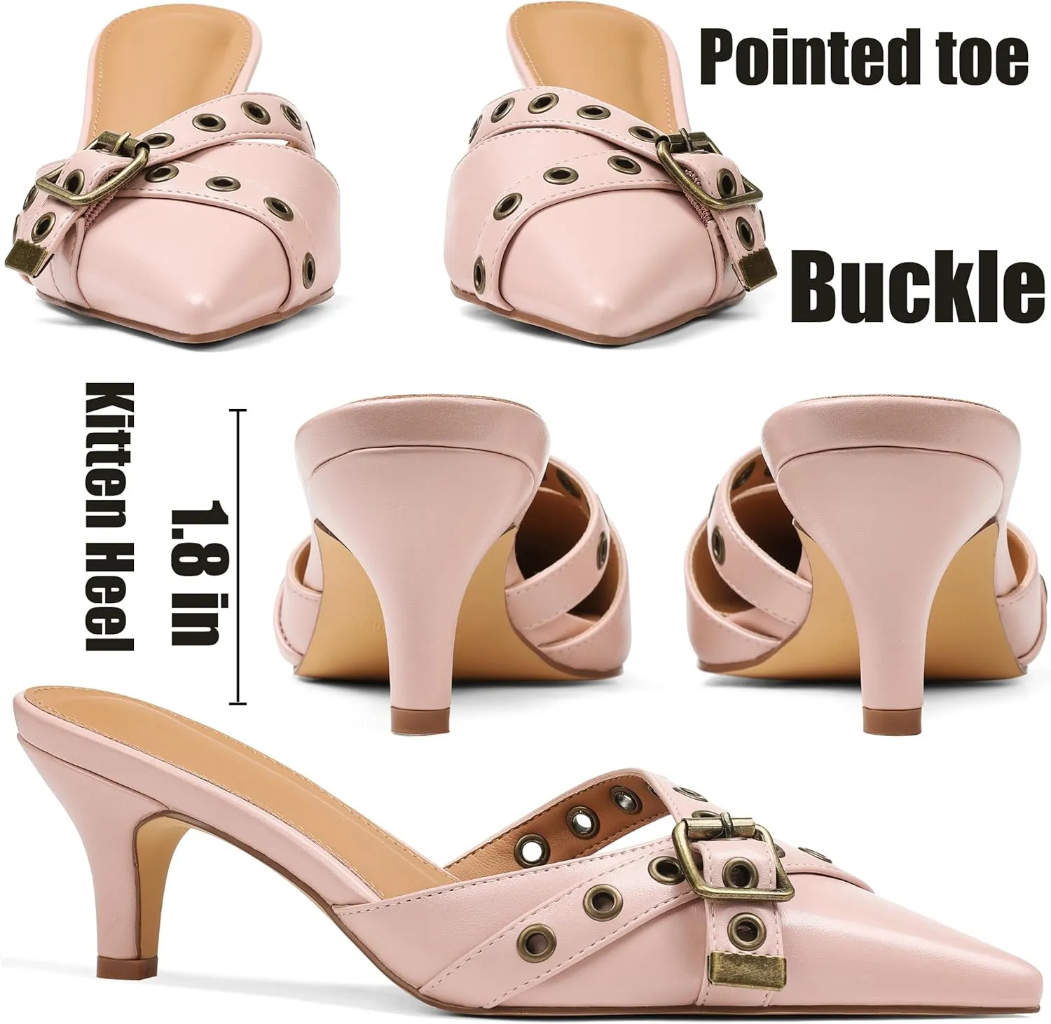 AMINUGAL Mules Heels for Women Pointed Closed Toe Kitten Pumps Buckle Slip On Studded Stiletto Heeled Party Dress Shoes