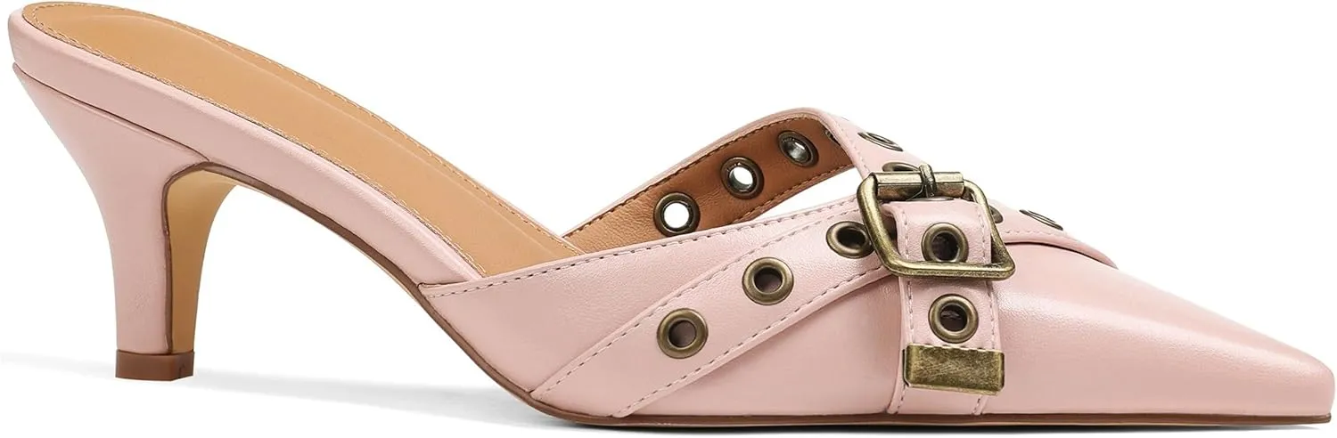 AMINUGAL Mules Heels for Women Pointed Closed Toe Kitten Pumps Buckle Slip On Studded Stiletto Heeled Party Dress Shoes