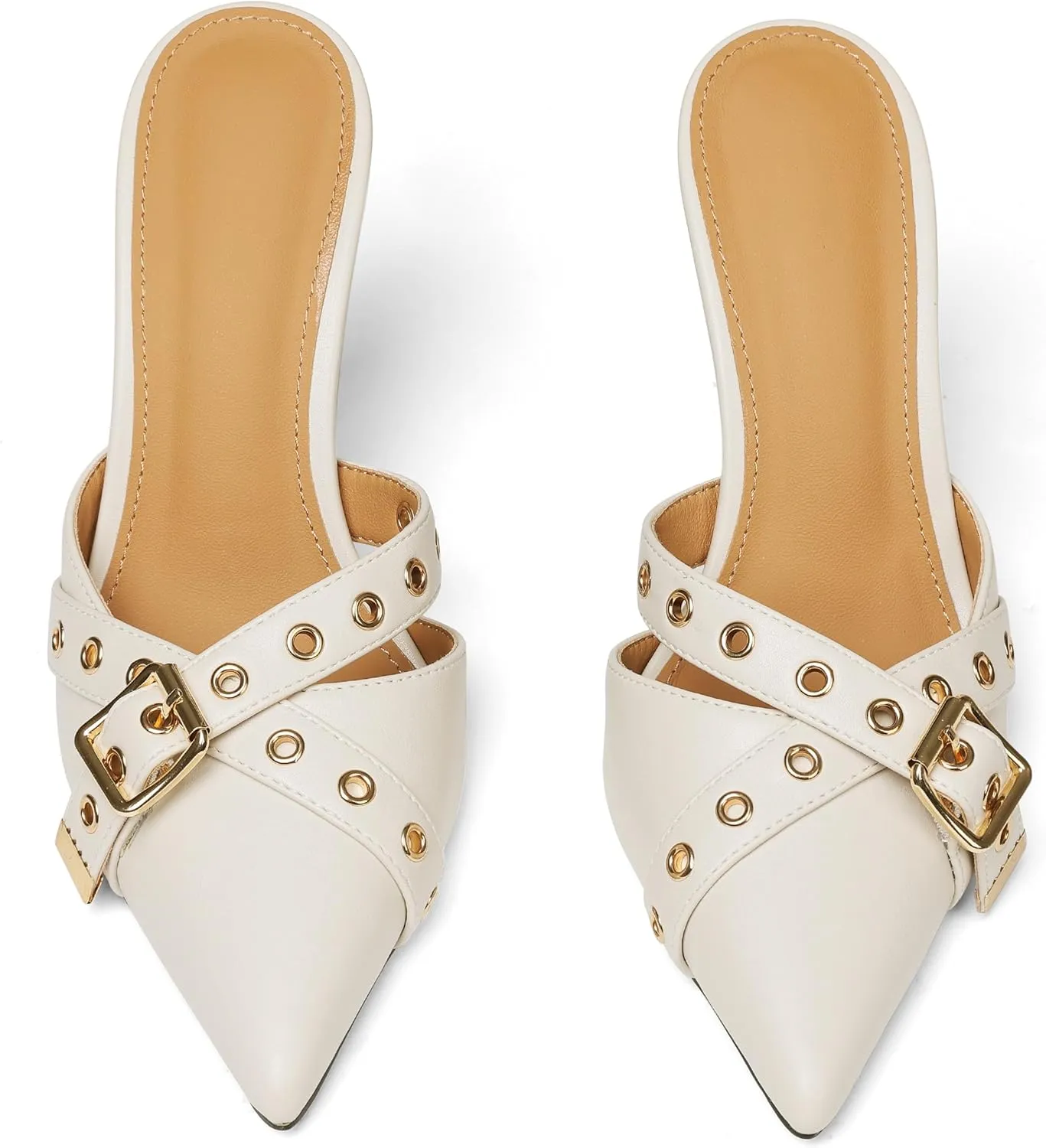 AMINUGAL Mules Heels for Women Pointed Closed Toe Kitten Pumps Buckle Slip On Studded Stiletto Heeled Party Dress Shoes