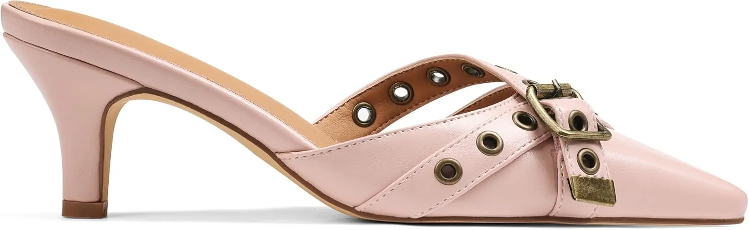 AMINUGAL Mules Heels for Women Pointed Closed Toe Kitten Pumps Buckle Slip On Studded Stiletto Heeled Party Dress Shoes