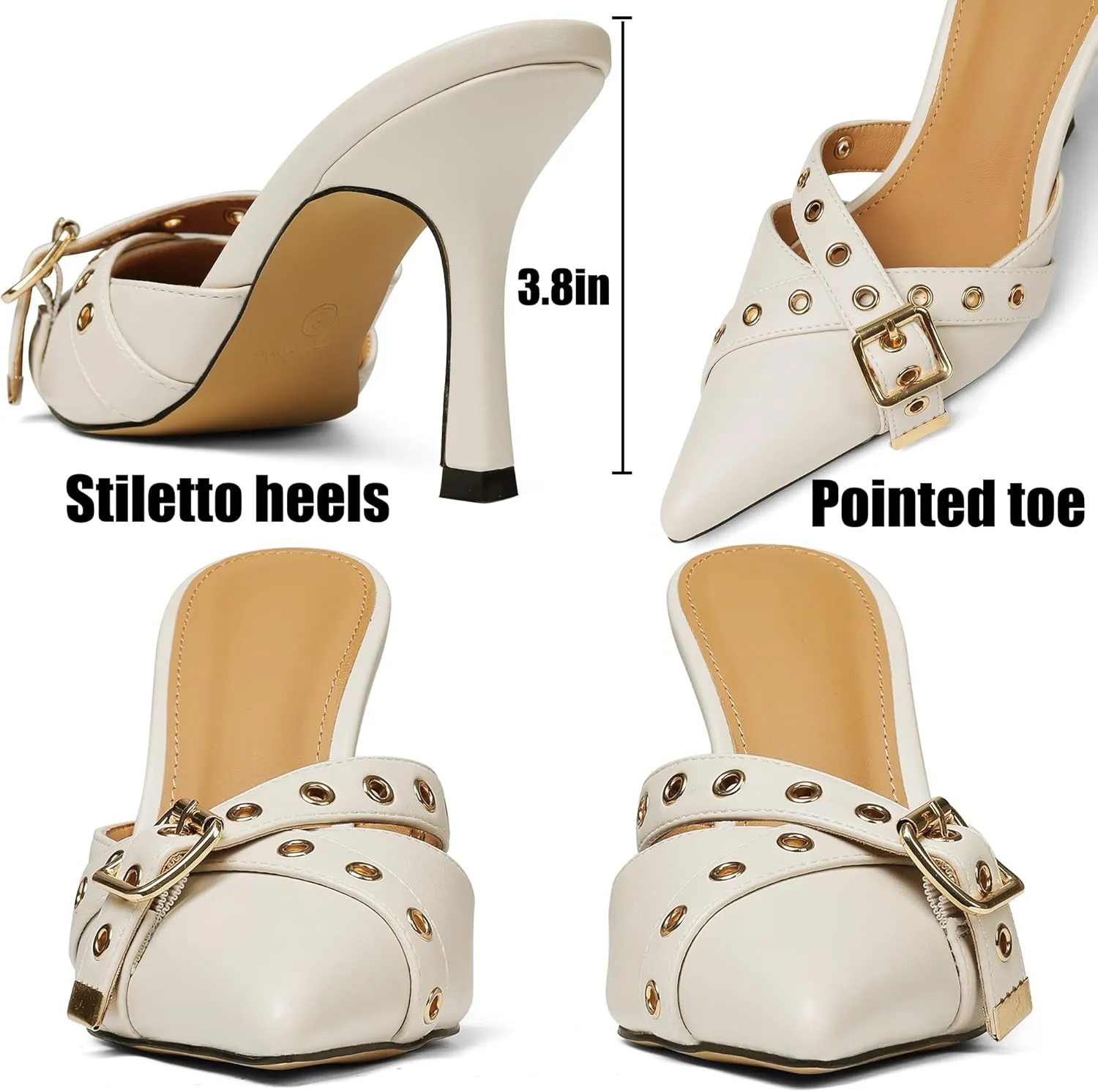 AMINUGAL Mules Heels for Women Pointed Closed Toe Kitten Pumps Buckle Slip On Studded Stiletto Heeled Party Dress Shoes