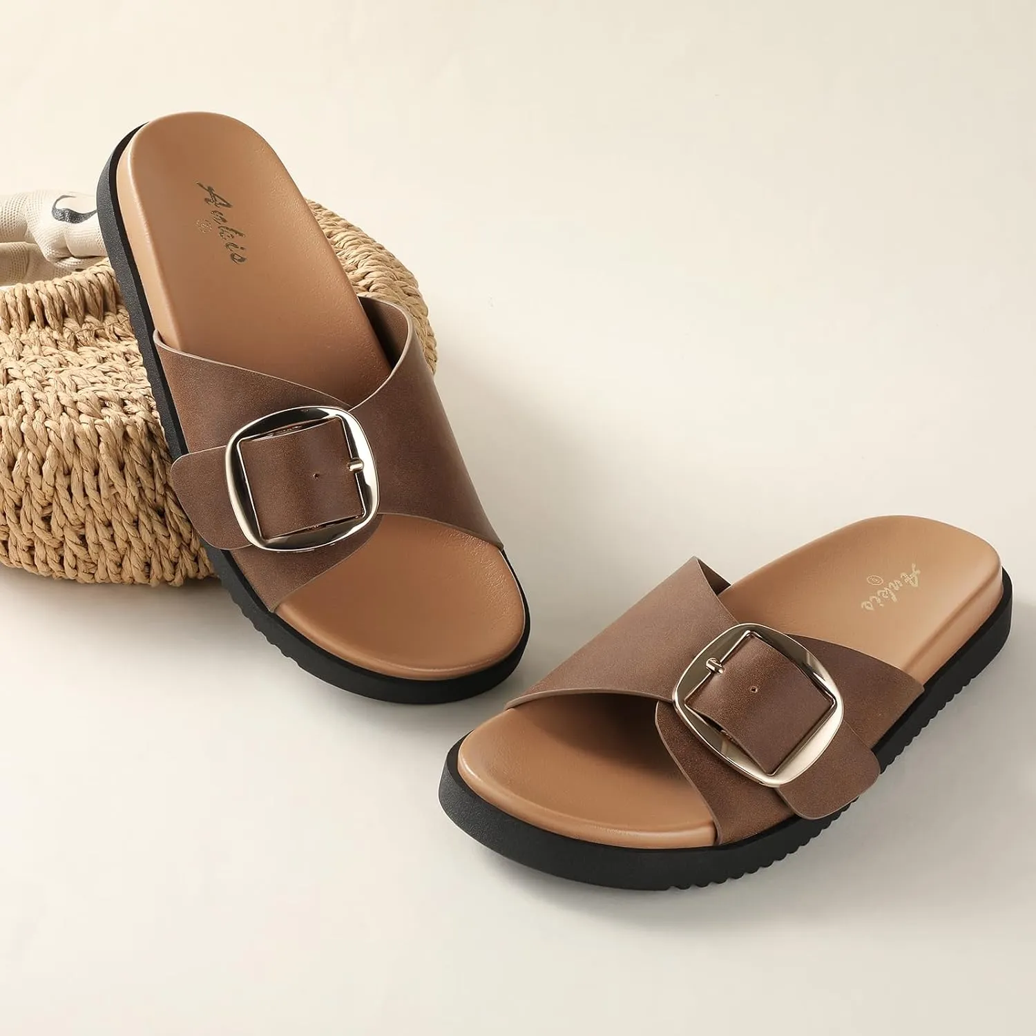 Ankis Brown Black White Flat Sandals for Women 2025,Wide Width Leather Sandals for Women Comfortable Dressy,Womens Summer Beach Sandals with Adjustable Strap and Buckle