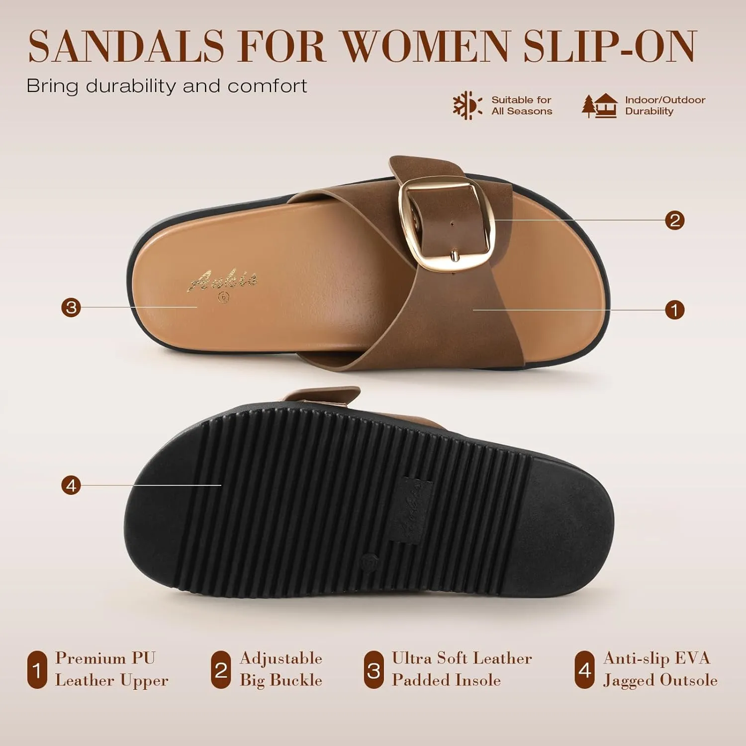 Ankis Brown Black White Flat Sandals for Women 2025,Wide Width Leather Sandals for Women Comfortable Dressy,Womens Summer Beach Sandals with Adjustable Strap and Buckle